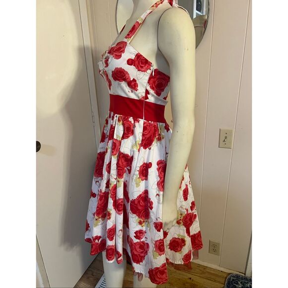 Hearts & Roses London Bianca Halter Dress red rose print rockabilly 6 - Picture 6 of 11